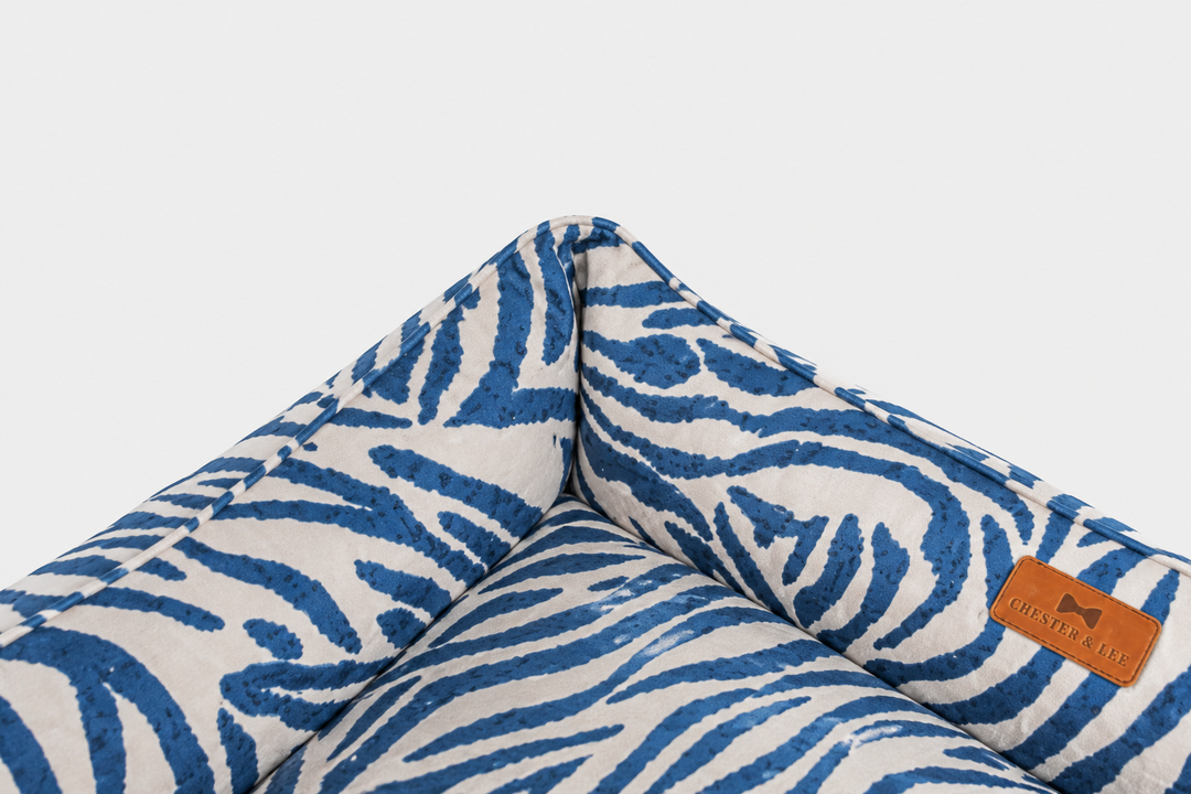 Chester & Lee | Velvet Sleeper Dog Bed Blue & White Animal Print