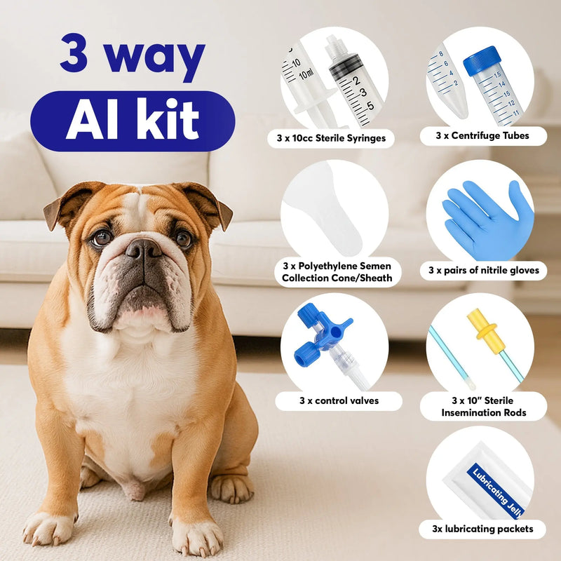 3-Way Canine Breeding Kit – Complete Set for Semen Collection and Insemination with Collection Cones, Insemination Rods, Syringes, Tubes, Gloves, Valves & Lubricating Jelly