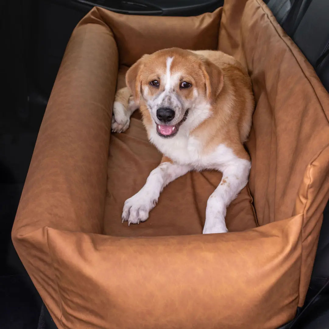 PupProtector™ Faux Leather Memory Foam Dog Car Bed - Camel Paw.com