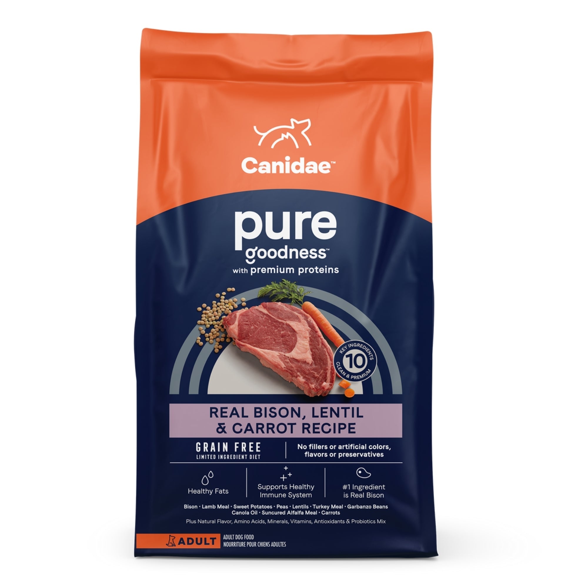CANIDAE PURE Farm To Bowl GrainFree LID Dry Dog Food Bison, Lentil Carrot, 1ea/21 lb