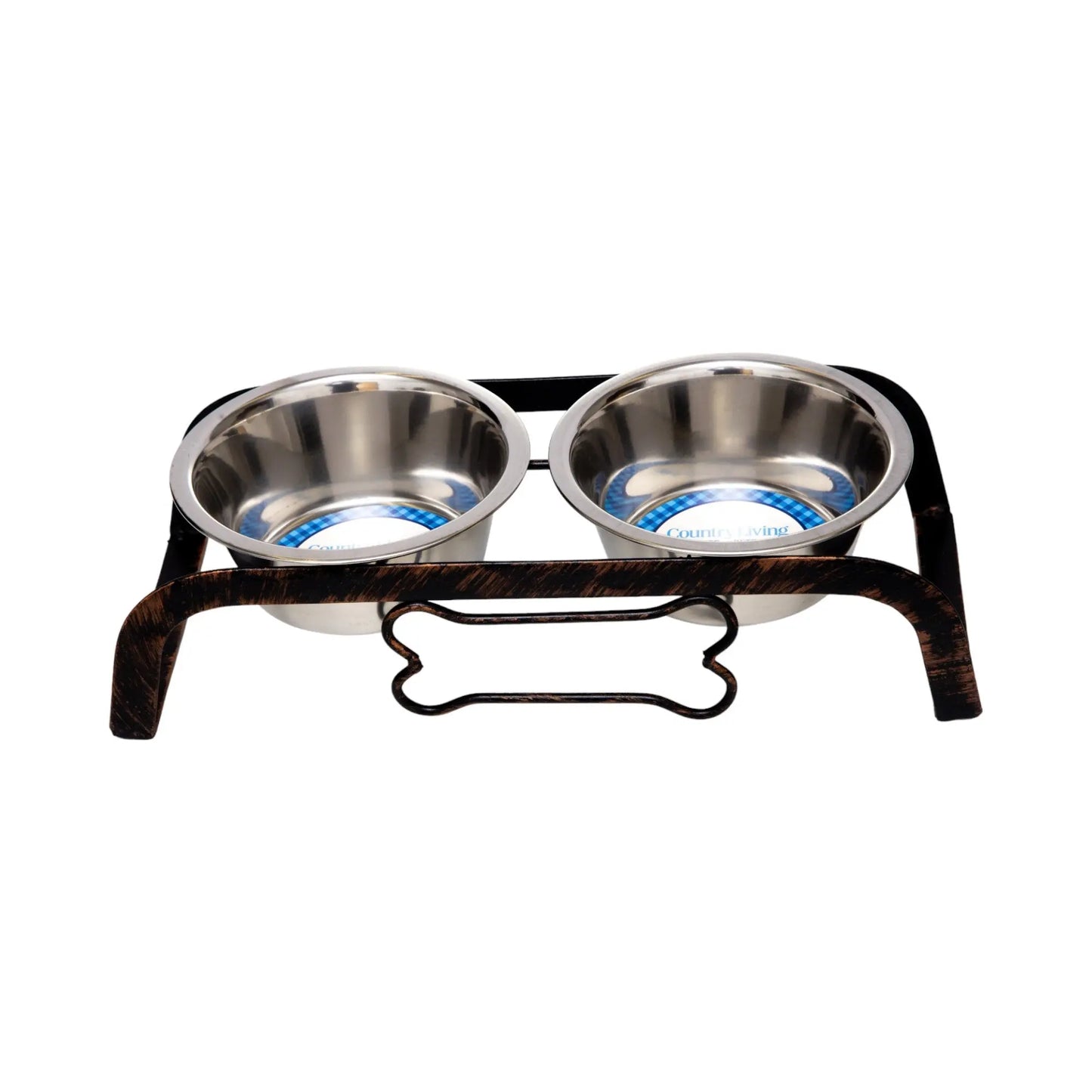 Country Living Rustic Dog Bone Elevated Feeder with 2 Stainless Steel Bowls American Pet Supplies