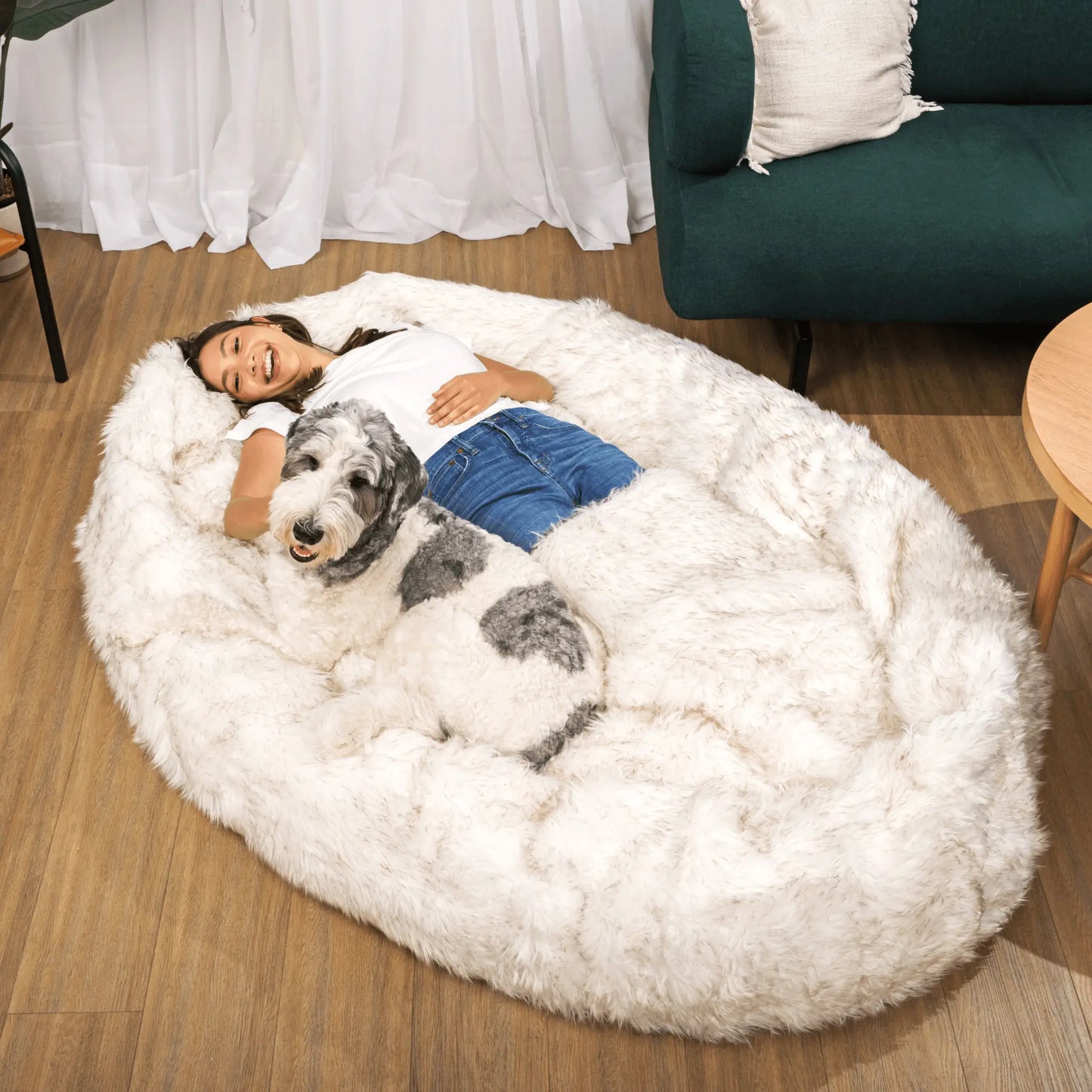 PupCloud™ Human-Size Faux Fur Memory Foam Dog Bed - White with Brown Accents Paw.com