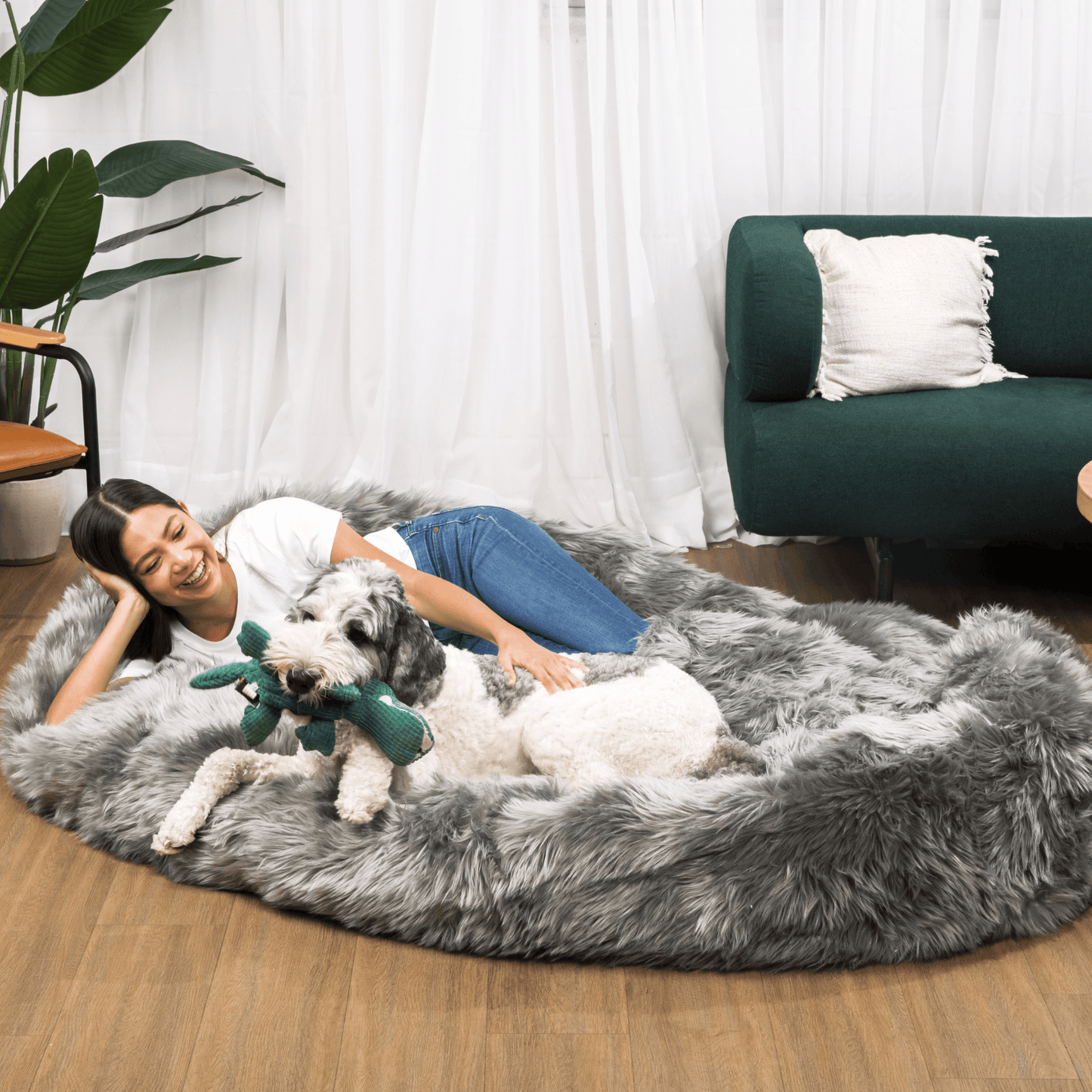 PupCloud™ Human-Size Faux Fur Memory Foam Dog Bed - Charcoal Grey Paw.com