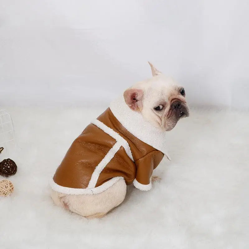 Plush Zipper Warm Faux Leather Dog Jacket Dog Hugs Cat