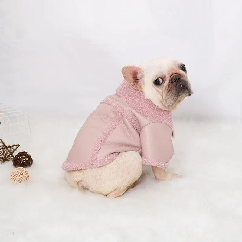 Plush Zipper Warm Faux Leather Dog Jacket Dog Hugs Cat