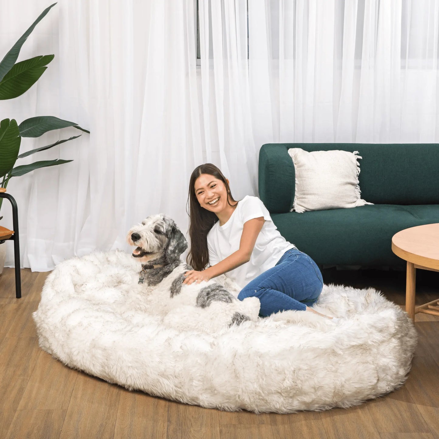 PupCloud™ Human-Size Faux Fur Memory Foam Dog Bed - White with Brown Accents Paw.com