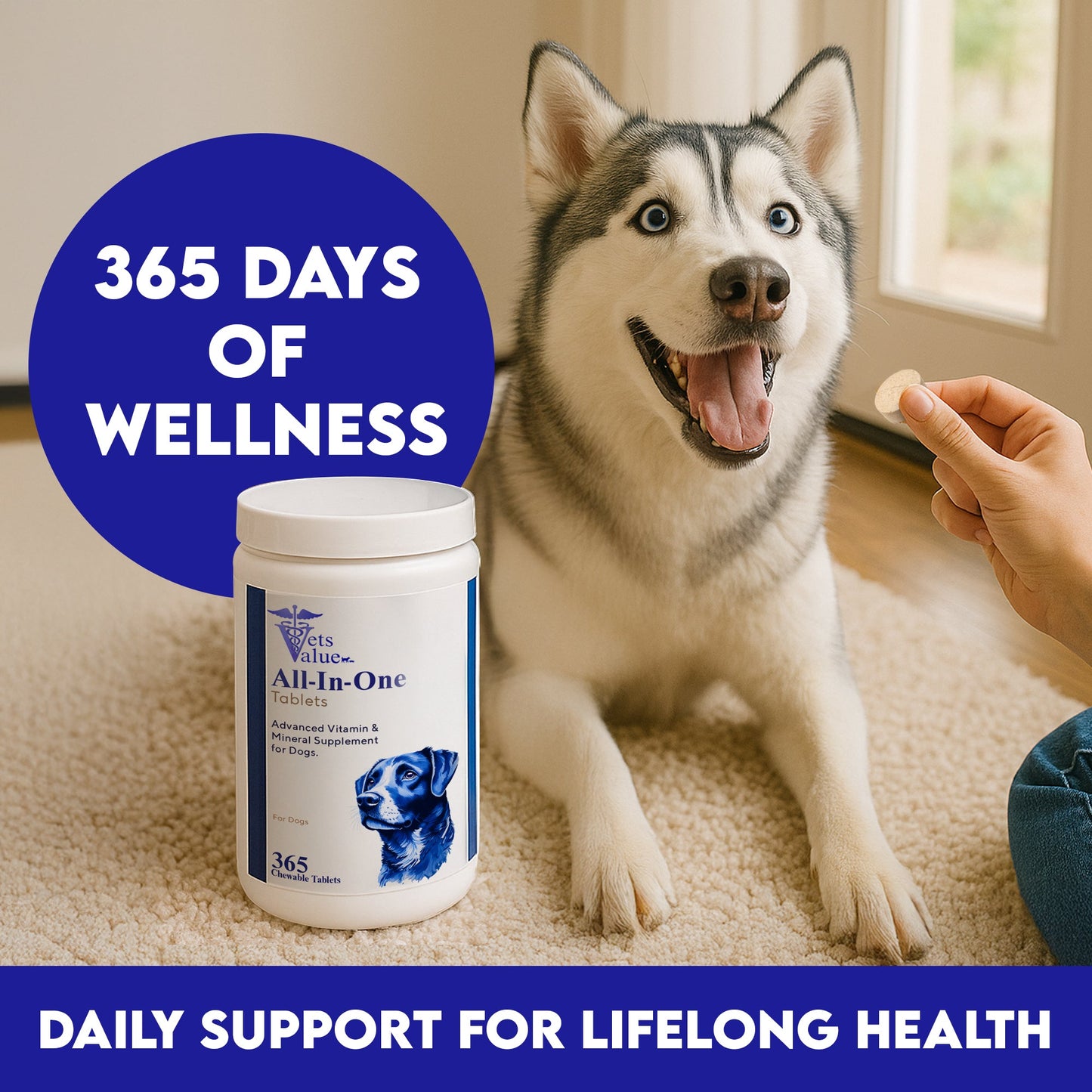 Vets Value All-in-One Dog Vitamins – 365 Chewable Tablets – Advanced Multivitamin & Mineral Supplement for Dogs – Supports Joints, Immunity, Skin & Coat – Daily Wellness for All Breeds Horizon Animal Care