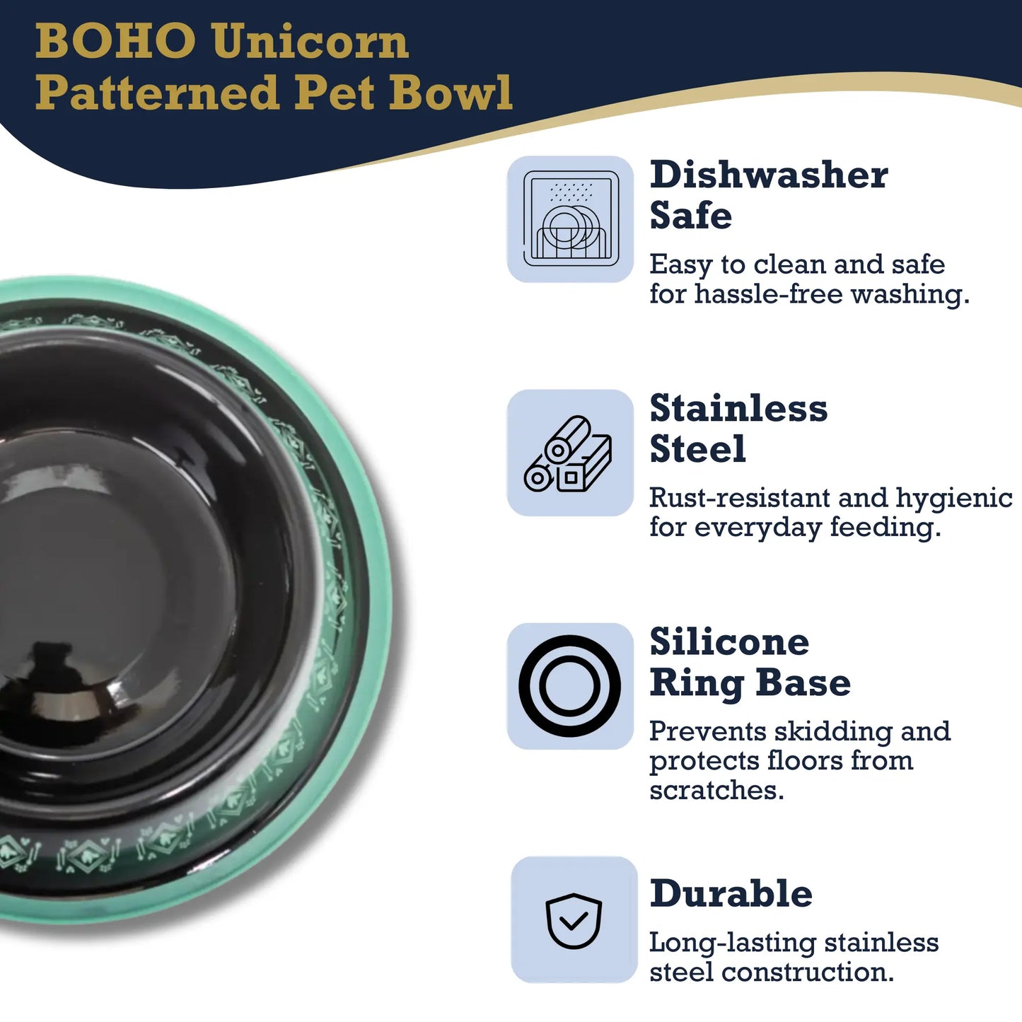 Non-Skid Boho Stainless Steel Dog Bowl – with Whimsical Unicorn Design, Silicone Base for Medium Dogs – 24oz American Pet Supplies