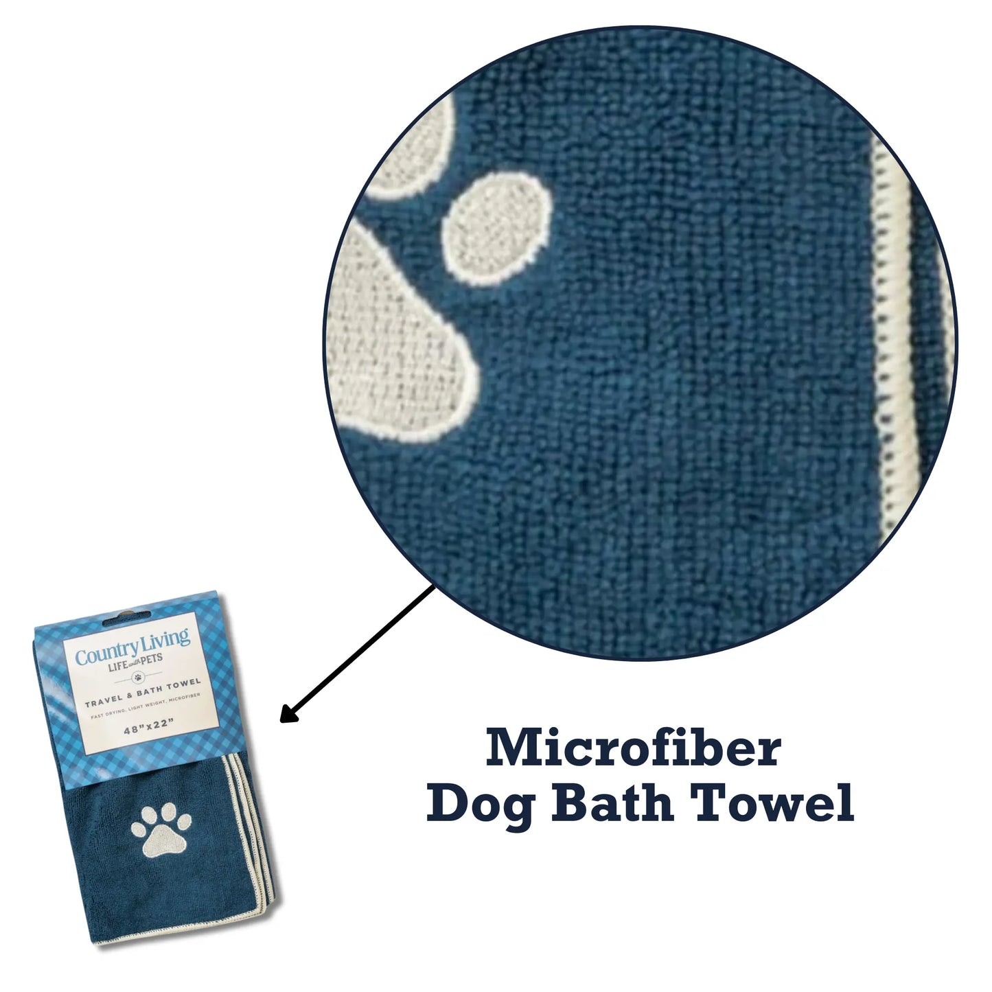Country Living Large Marine Blue Microfiber Dog Bath Towel with Embroidered Paw Print American Pet Supplies