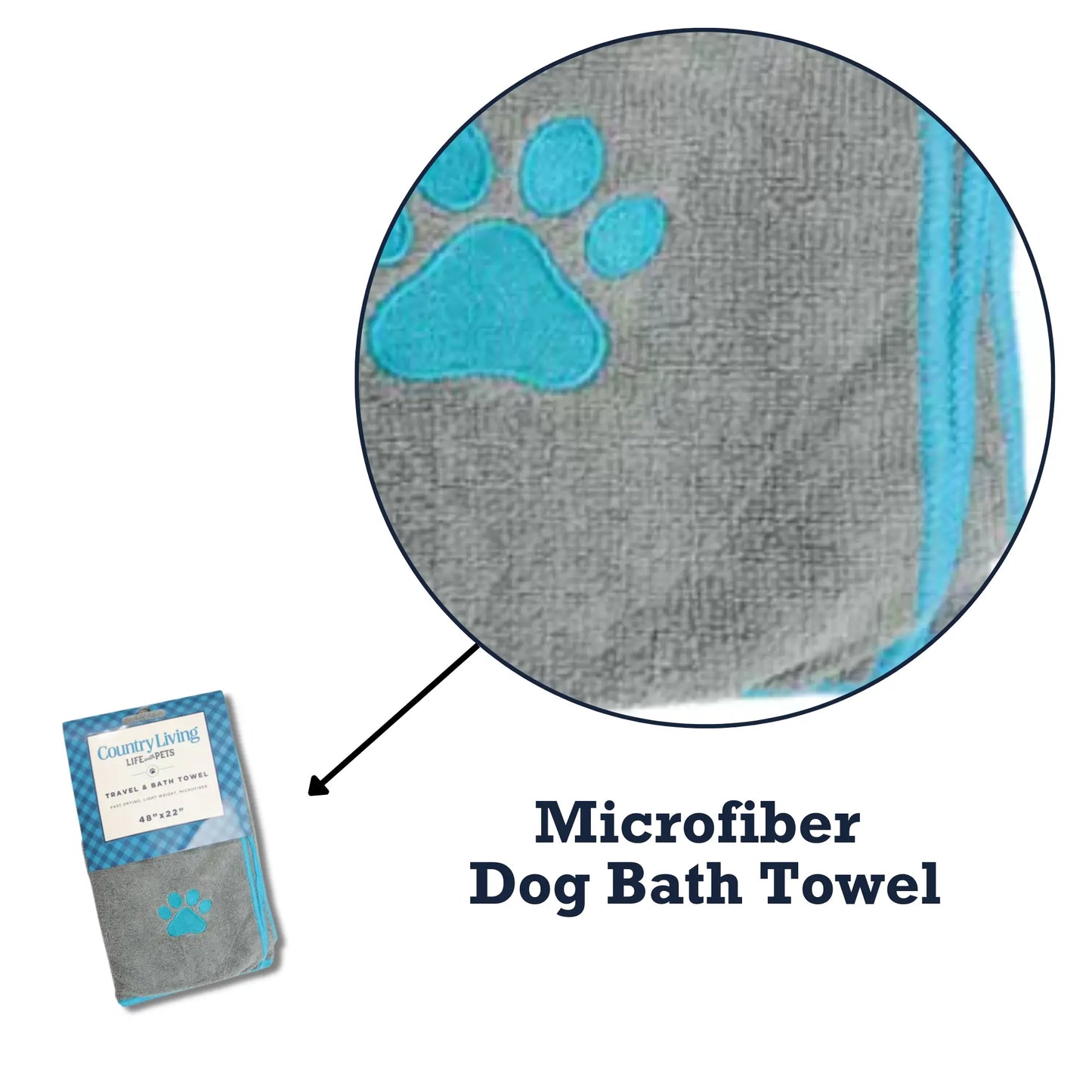 Country Living Large Gray Microfiber Dog Bath Towel with Teal Embroidered Paw Print American Pet Supplies