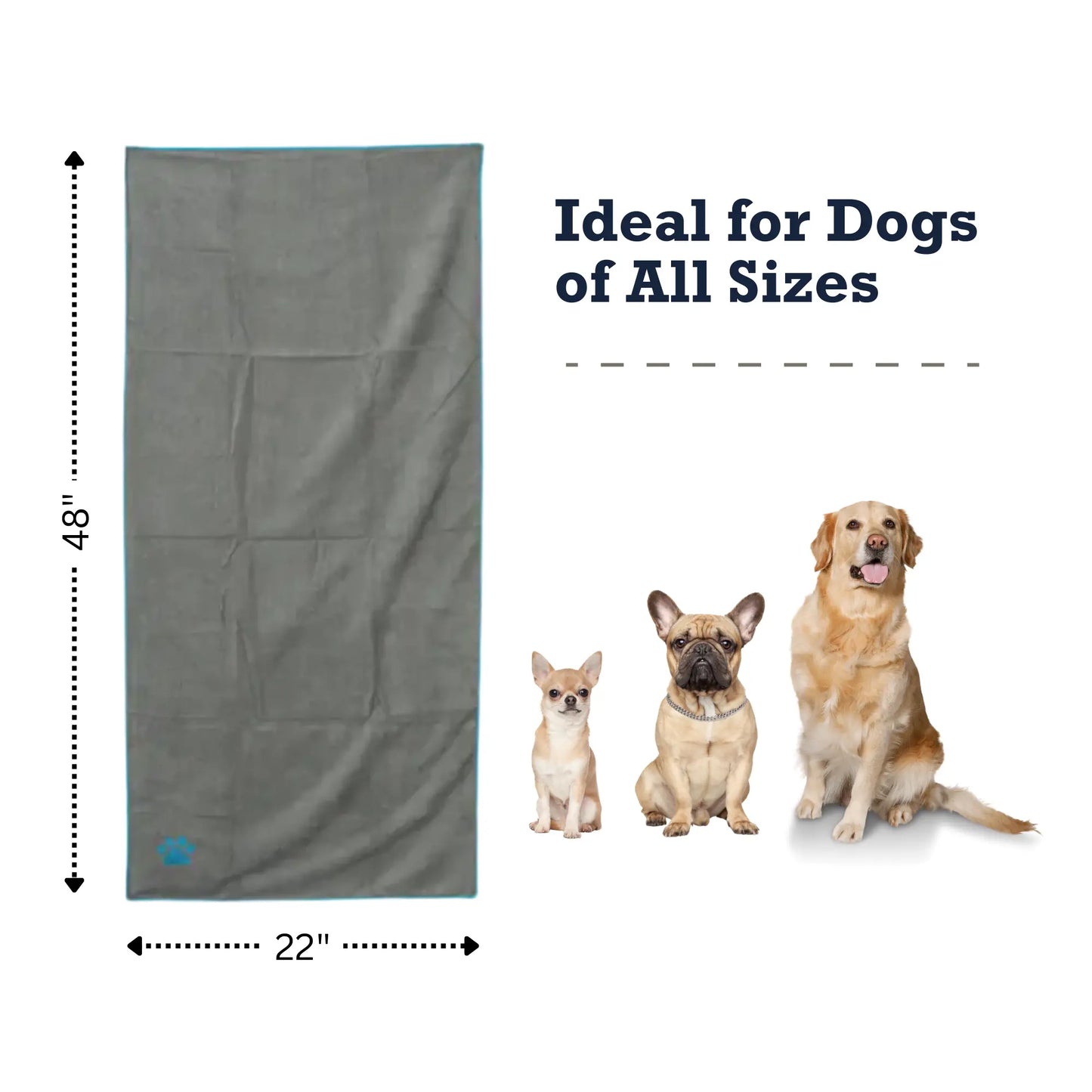 Country Living Large Gray Microfiber Dog Bath Towel with Teal Embroidered Paw Print American Pet Supplies