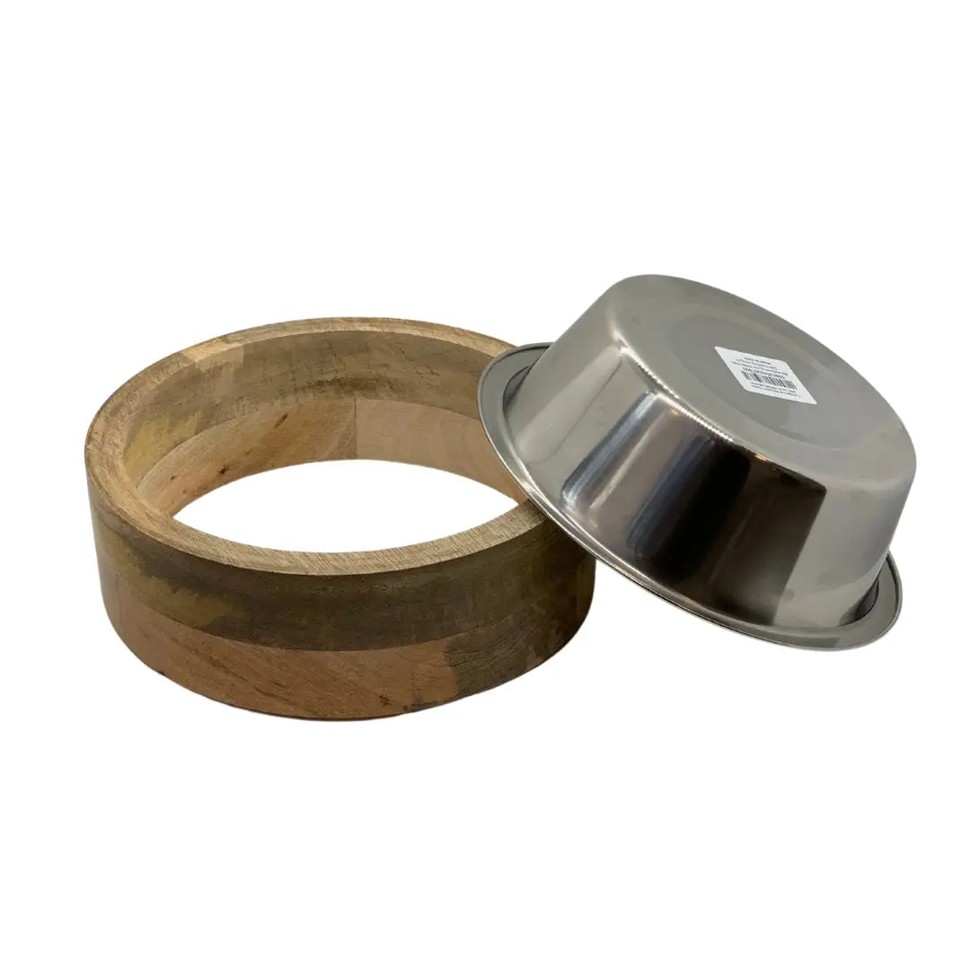 Country Living Stainless Steel Dog Bowl with Cylindrical Mango Wood Holder American Pet Supplies