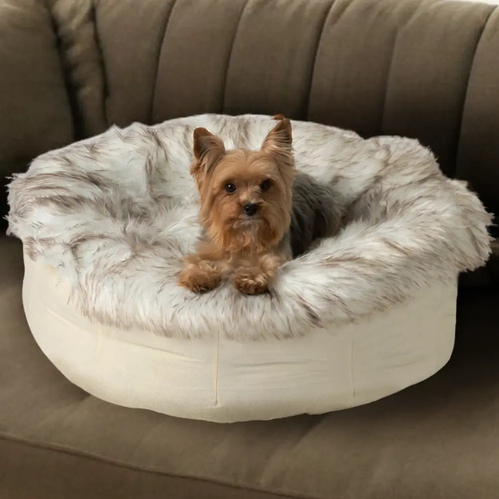 PupPouf™ Faux Fur Donut Dog Bed - White with Brown Accents Paw.com