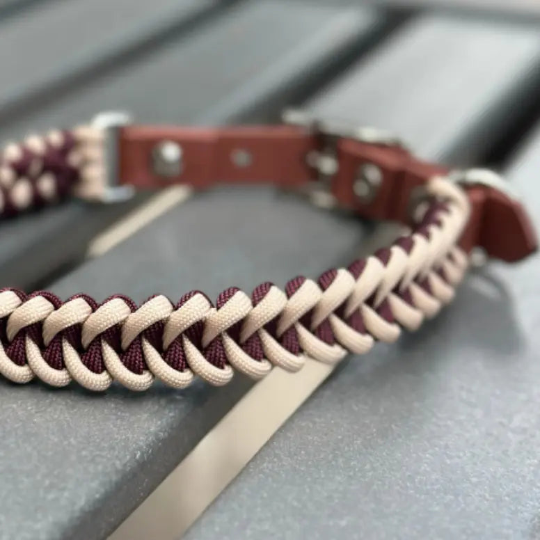Fishtail Hand Braided Dog Collar in Burgundy & Cream Pawsh Pup Co.