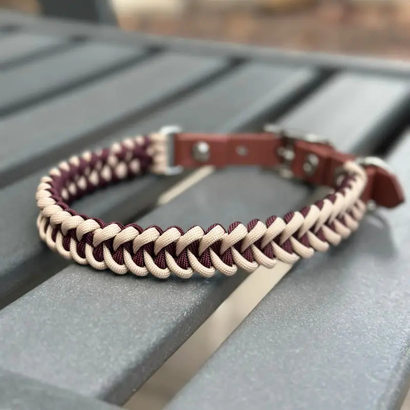 Fishtail Hand Braided Dog Collar in Burgundy & Cream Pawsh Pup Co.