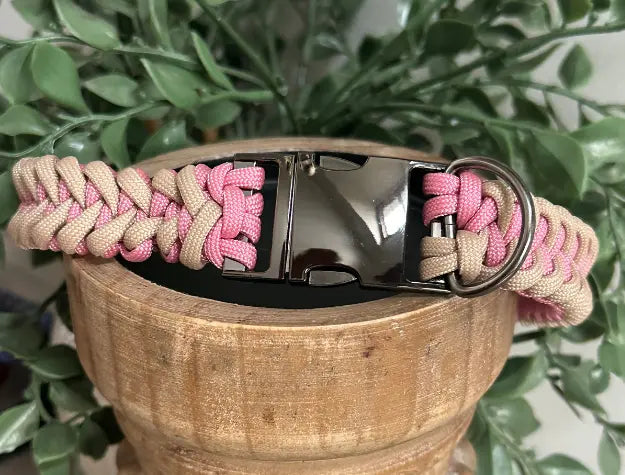 Fishtail Braid in Pink & Light Tan - Handmade Dog Collar Pawsh Pup Co.