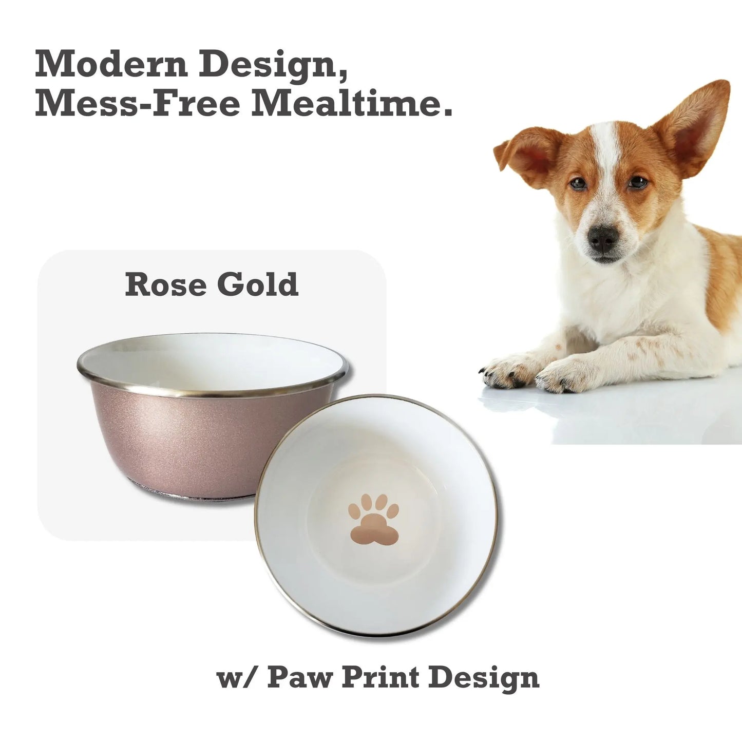 Deep Dog Bowl with Paw Print Design – Stainless Steel Bowl, Ideal for Small, Medium to Large Dogs – Rose Gold American Pet Supplies