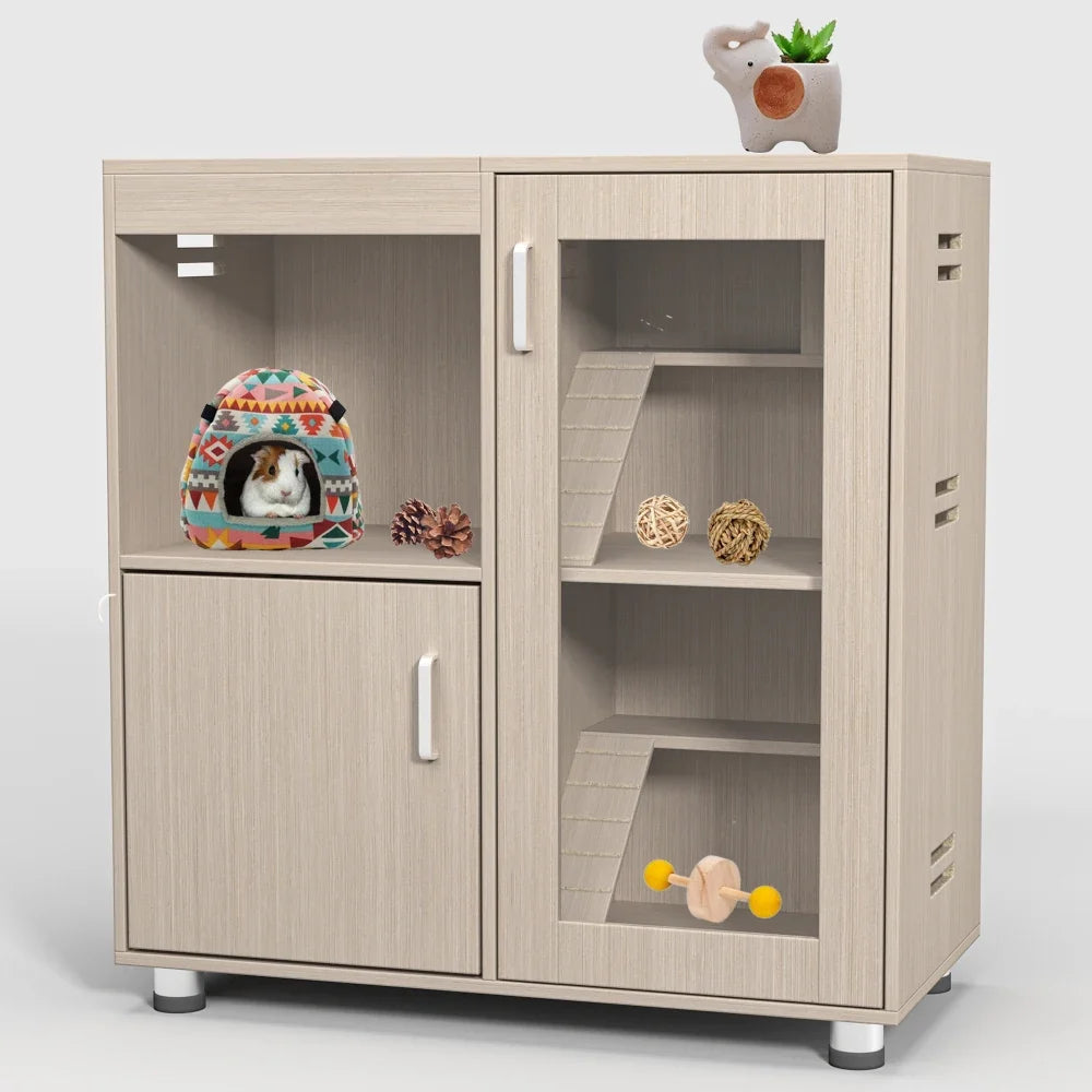 Hamster Cage, Small Animal Cage for Chinchilla/Rat, 4-Tier Guinea Pig Cage Wood with Acrylic Windows, Storage Cabinet