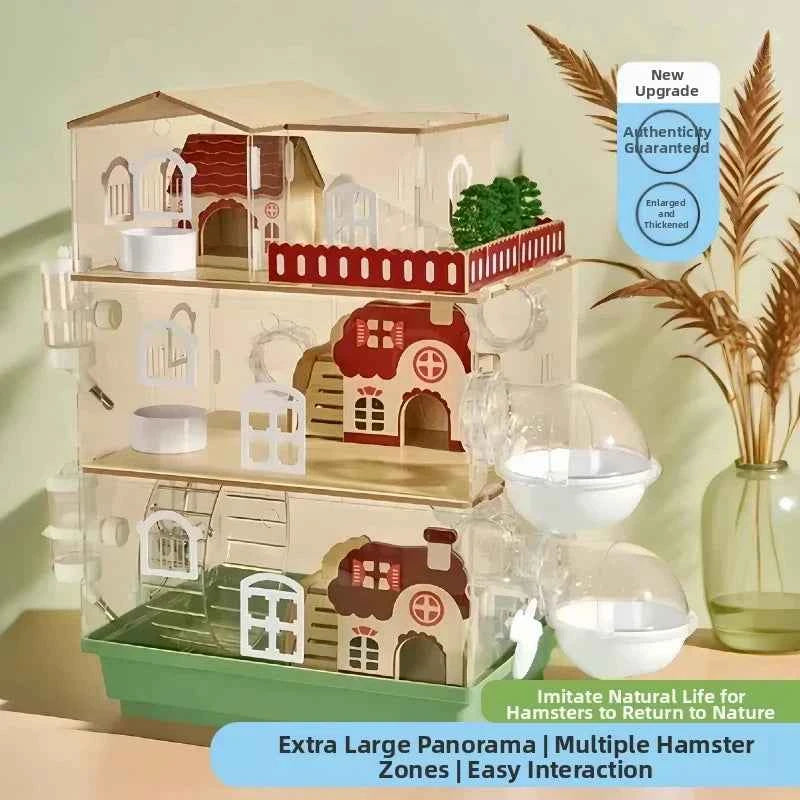 3-Story Hamster Mansion Large Transparent Habitat Syrian Large Full Ventilation Acrylic Cage Deep Base Complete DIY Natural