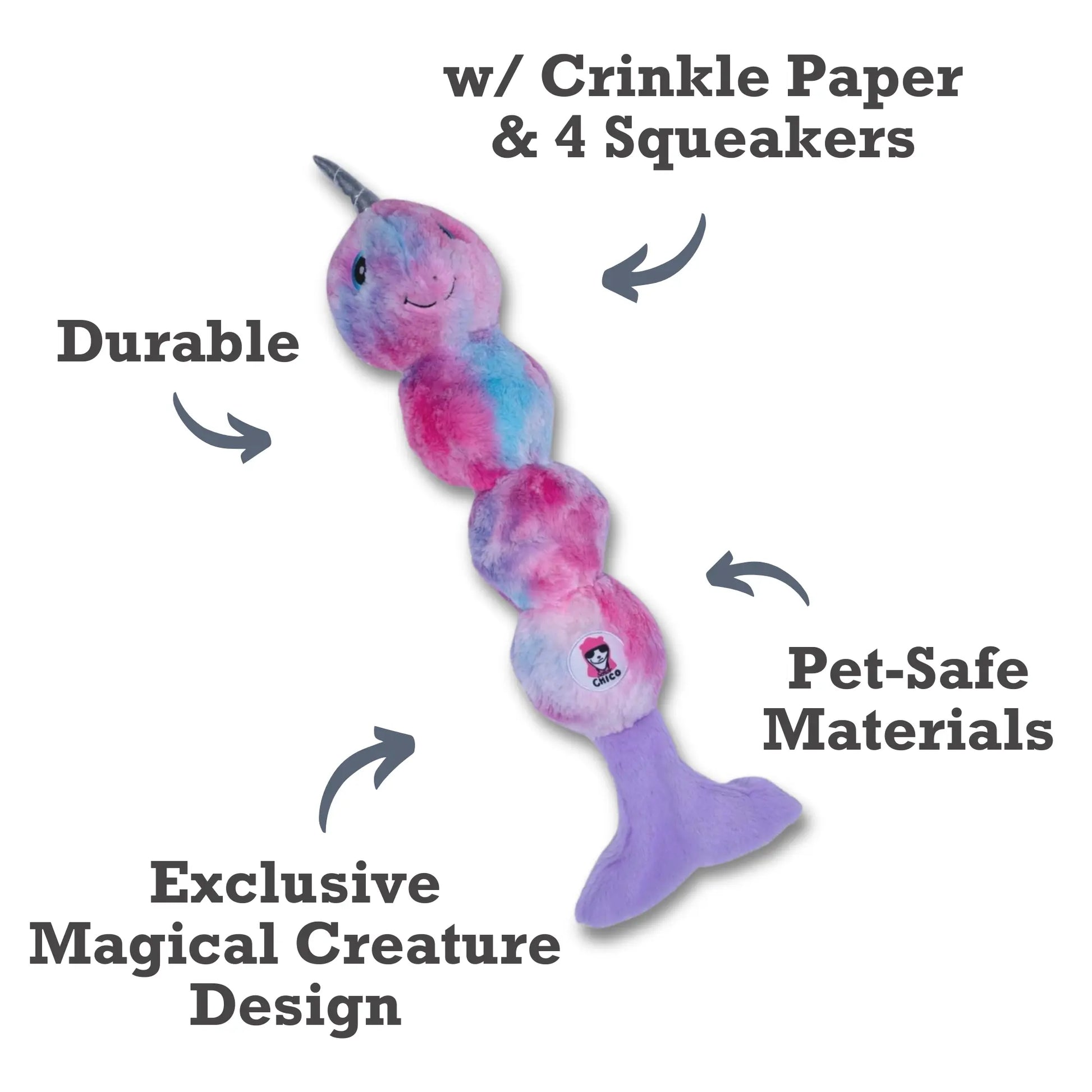 Tie Dye Skinny Narwhal Magical Creature Plush Dog Toy – with Squeaker & Crinkle Paper for Fun Play American Pet Supplies