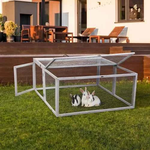 Portable Grey FCJ Folding Rabbit Hutch Wooden Guinea Pig Runway with Perch Pole Outdoor Animal Cage
