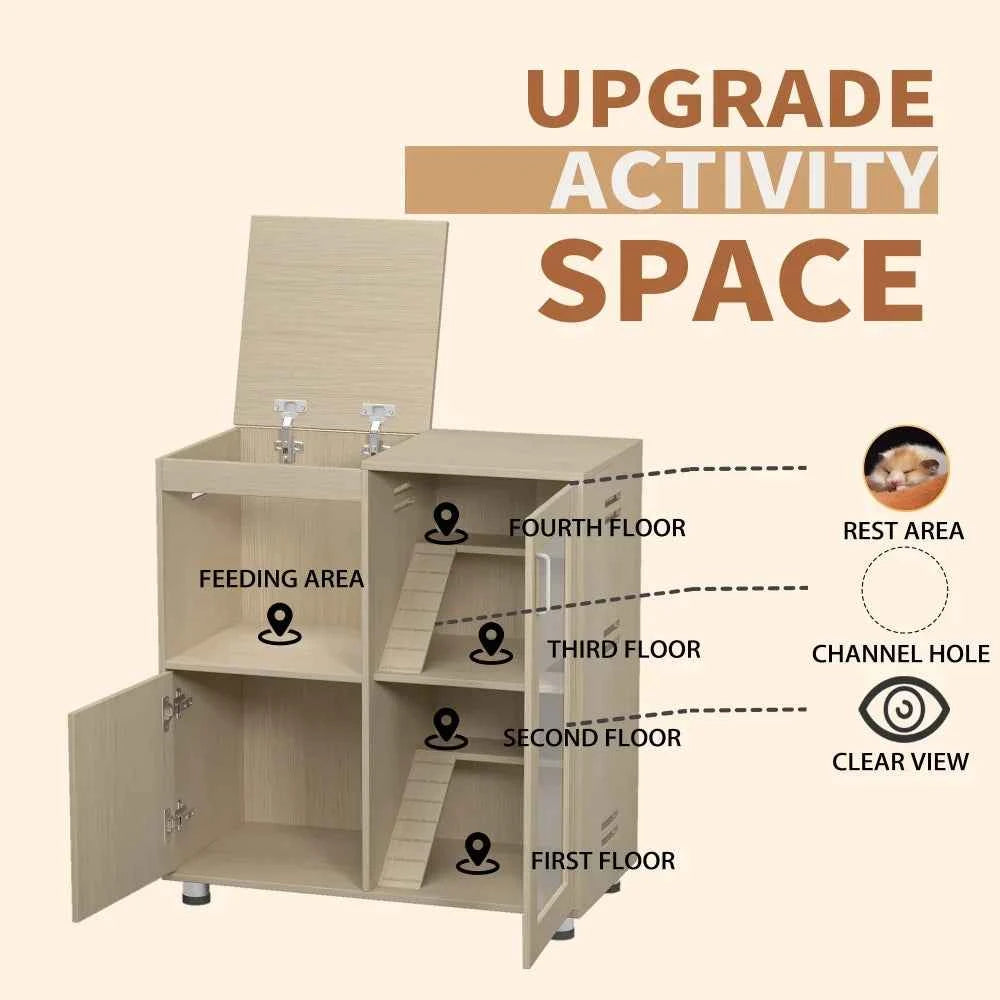 Hamster Cage, Small Animal Cage for Chinchilla/Rat, 4-Tier Guinea Pig Cage Wood with Acrylic Windows, Storage Cabinet