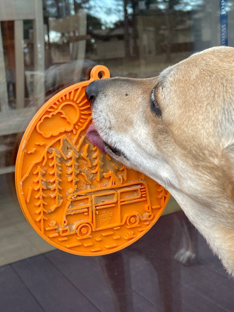 Camp eMat - Enrichment Lick Mat For Dogs and Cats - with Suction Cups | Retro Van Design | USA Made
