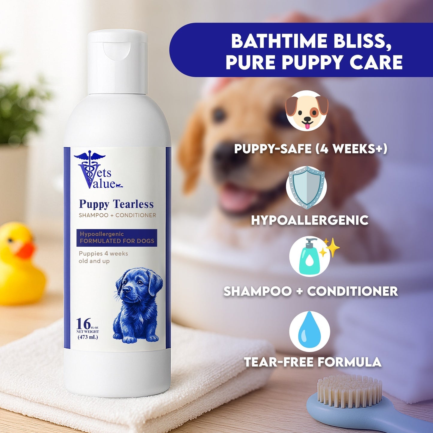 Vets Value Puppy Tearless Shampoo + Conditioner 16oz - Hypoallergenic Dog Wash for Puppies 4 Weeks & Up Gentle Formula Soothes Sensitive Skin, Softens Coat, Nourishing, Healthy Grooming - pH Balanced Horizon Animal Care