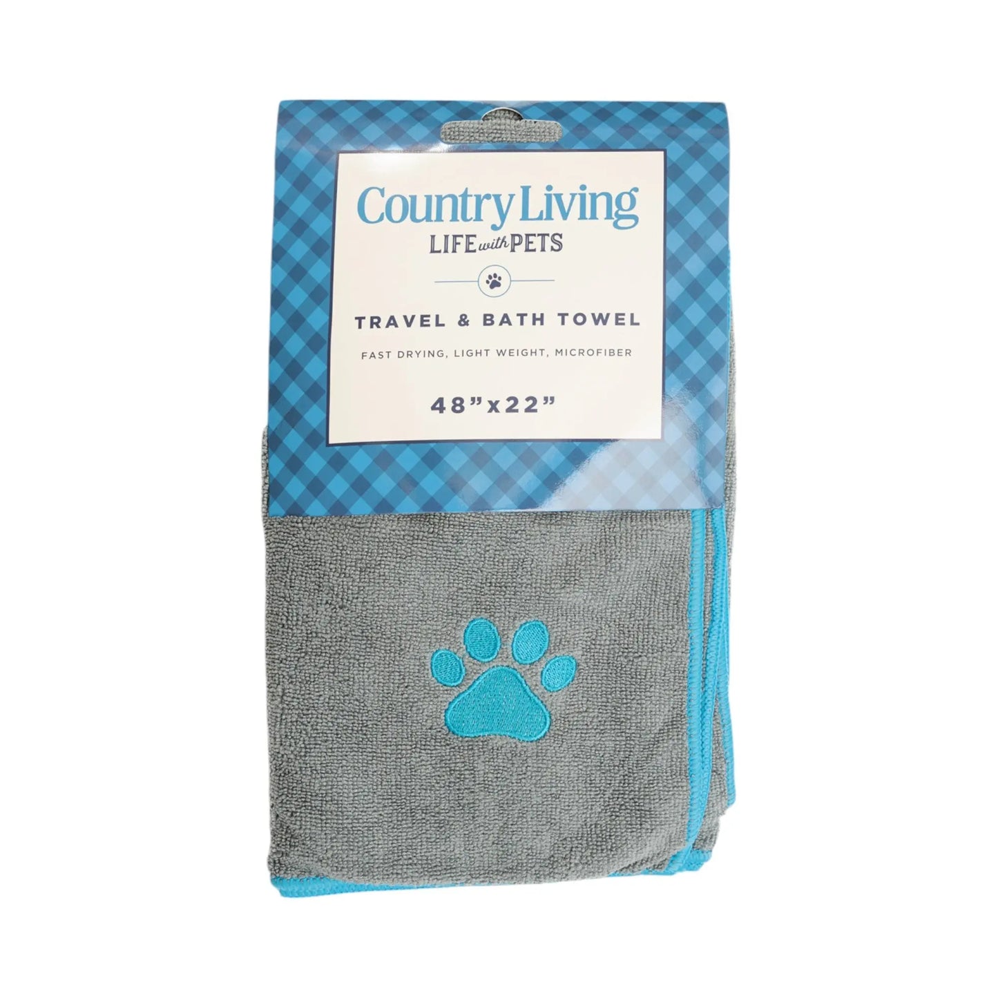 Country Living Large Gray Microfiber Dog Bath Towel with Teal Embroidered Paw Print American Pet Supplies