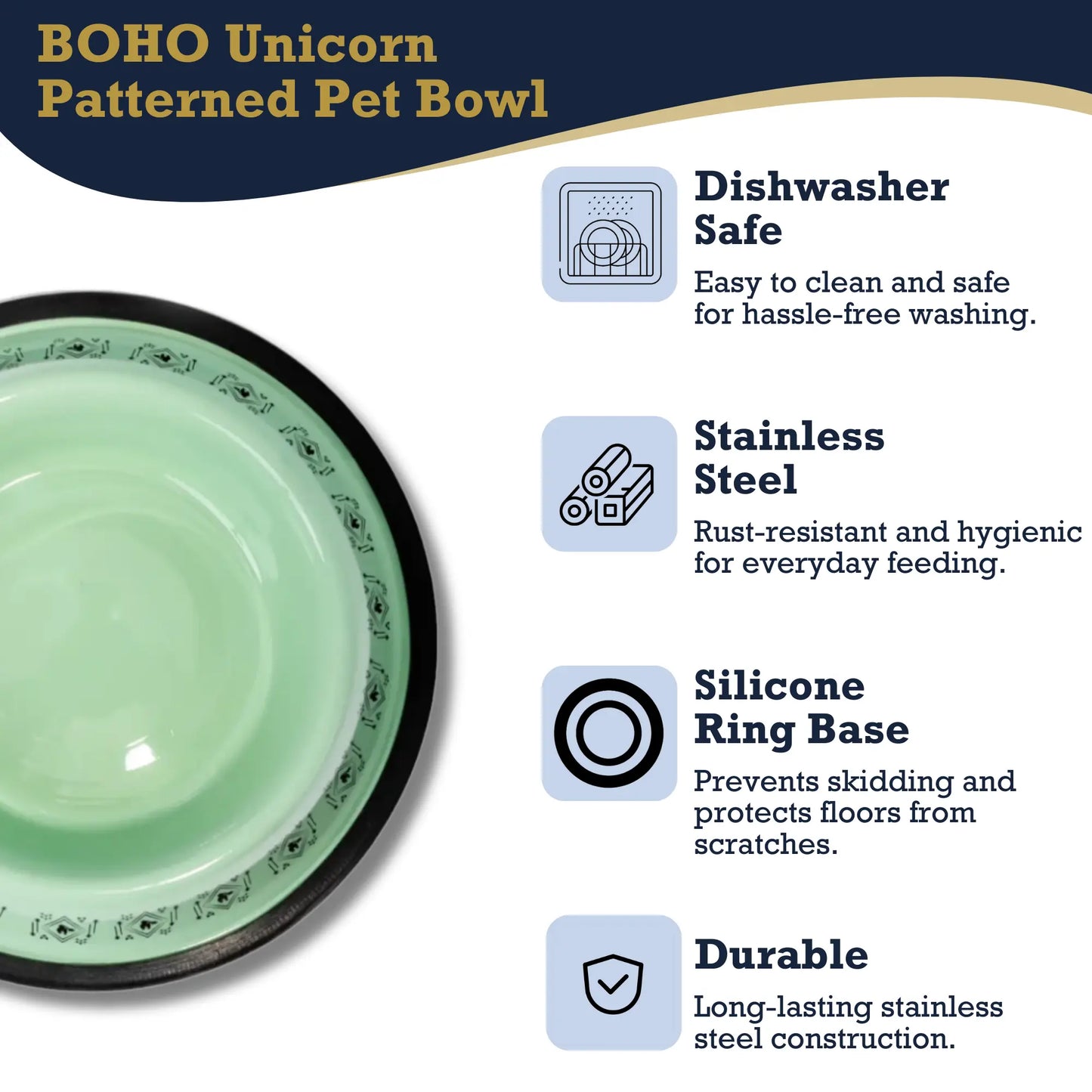Non-Skid Boho Stainless Steel Dog Bowl – with Whimsical Unicorn Design, Silicone Base for Medium Dogs – 24oz American Pet Supplies