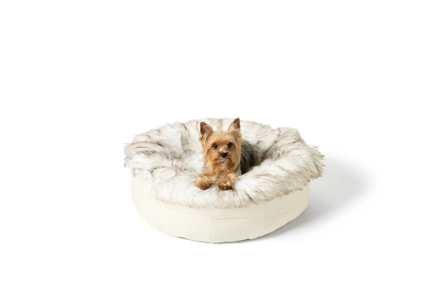 PupPouf™ Faux Fur Donut Dog Bed - White with Brown Accents Paw.com