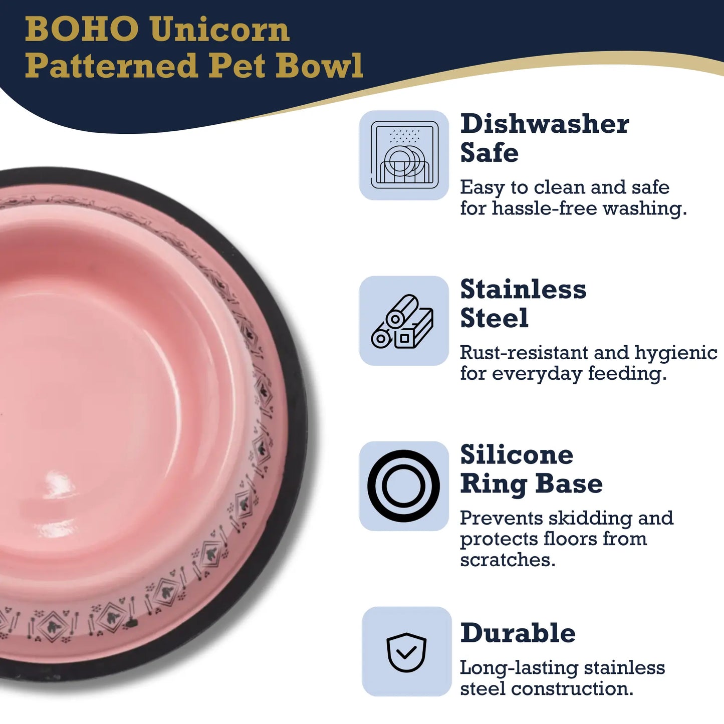 Non-Skid Boho Stainless Steel Dog Bowl – with Whimsical Unicorn Design, Silicone Base for Medium Dogs – 24oz American Pet Supplies