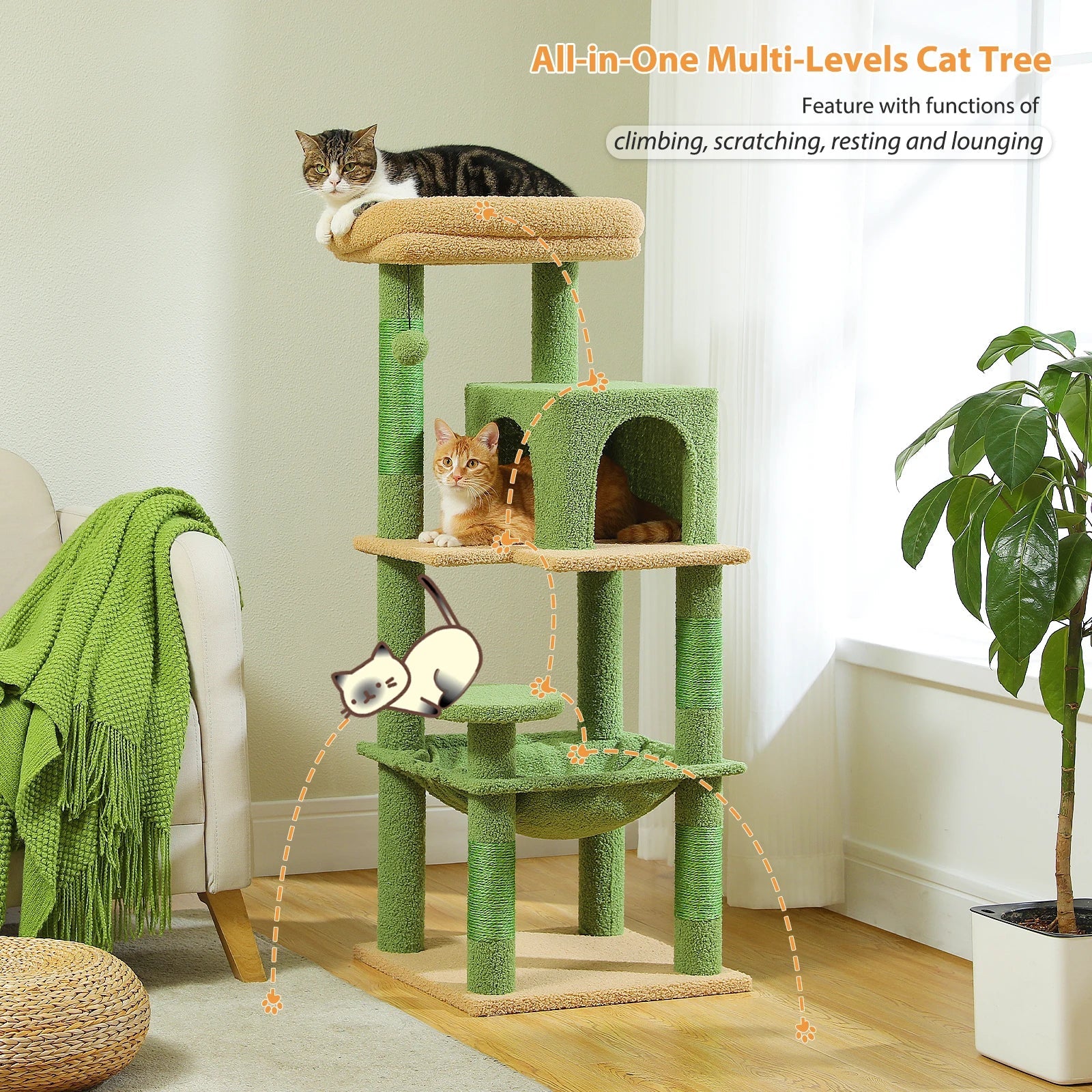 PAWZ Road Cactus Cat Tree Tower for Large Cats - Green 56"