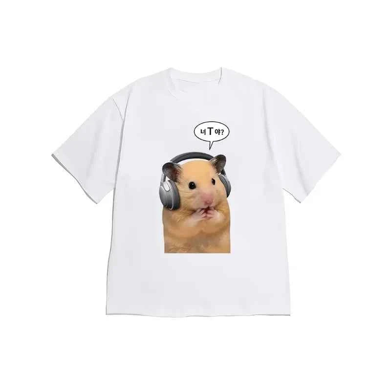 Funny Hamster Meme Graphic T-Shirt Cute K-pop Hamster Headphones Novelty Tee Casual Loose Fit Short Sleeve Top for Men Women