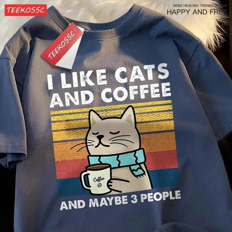 I Like Cats And Coffee Men Women T-Shirt Cotton Tee Clothes Hip Hop Loose Tshirt Fashion Crewneck T-Shirt Streetwear Couple