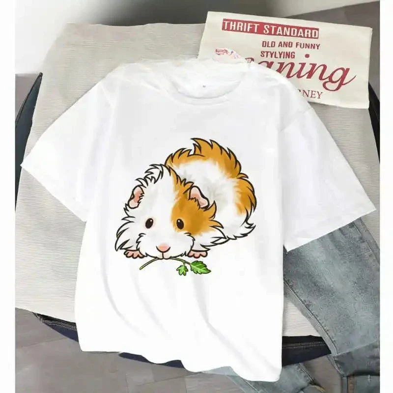 Women’s Funny T Shirt Guinea Pig Summer Short Sleeves 2025 Harajuku Kawaii Animals T-Shirt Female Fashion Tops Graphic T Shirts
