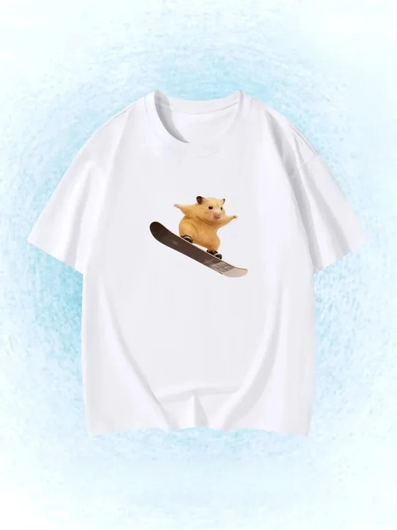 Funny Snowboarding Hamster Animal Print T-Shirt Cute Meme Loose Short Sleeve Unisex Casual Summer Top for Women Daily Y2k Tops