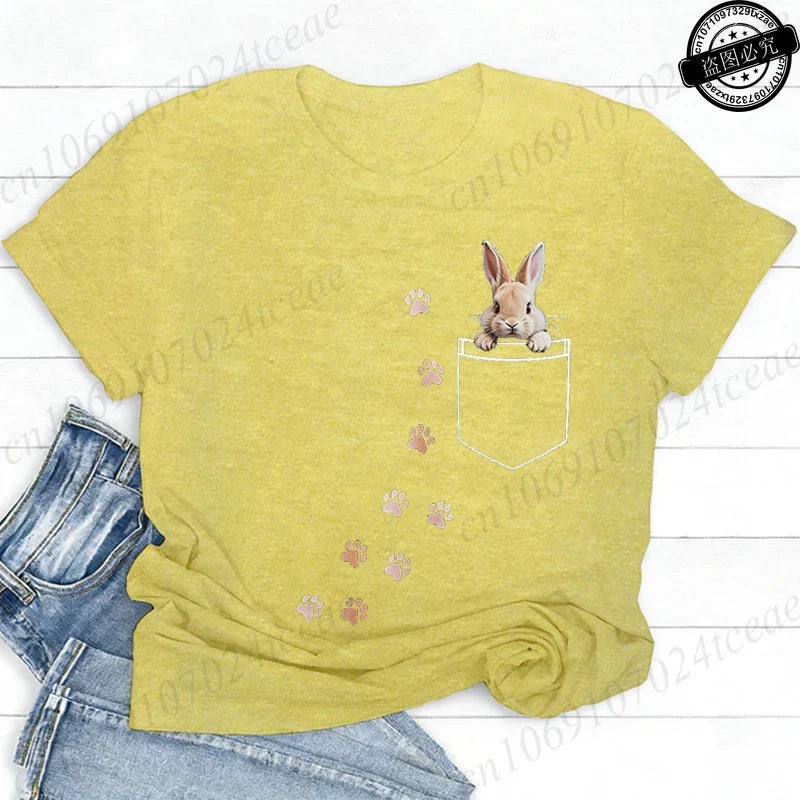 Pocket Bunny T-Shirts – Cute Rabbit Paw Prints T-Shirt Funny Bunny Graphic Tee Tops Sweet Rabbit Sitting in The Pocket Shirt