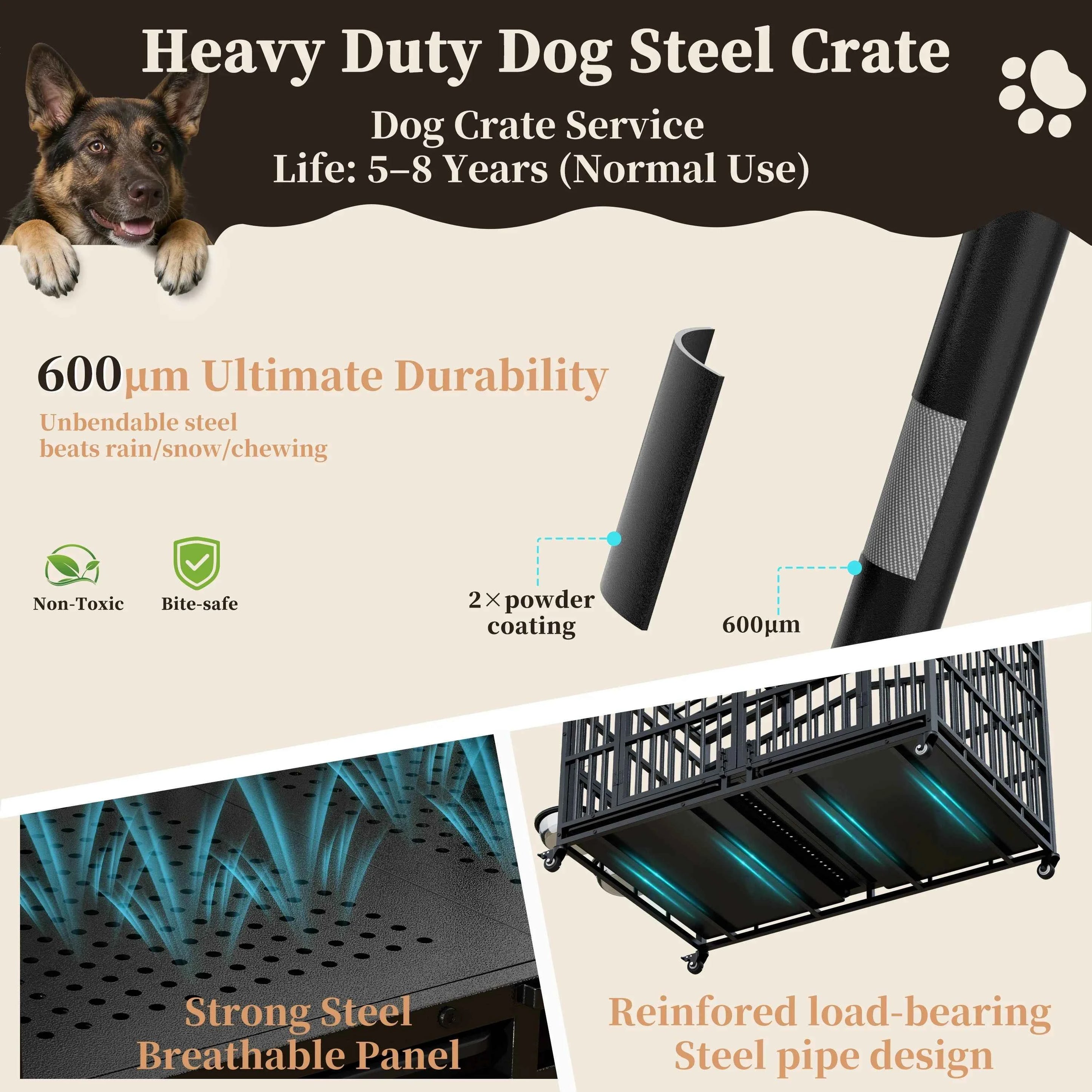EasyCom Heavy Duty Metal Dog Crate with Bowls and Wheels
