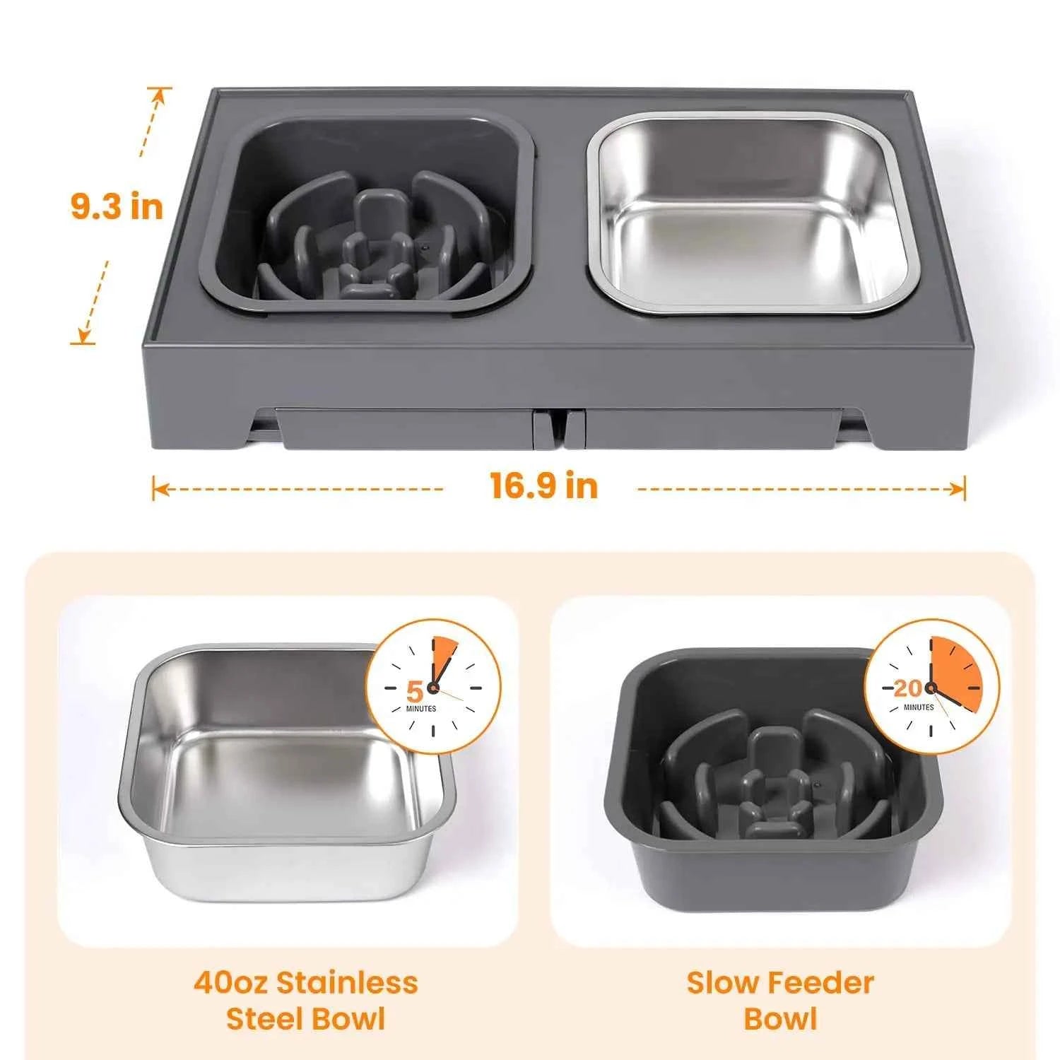 Elevated Slow Feeder Dog Bowls - 5 Heights Adjustable Stand