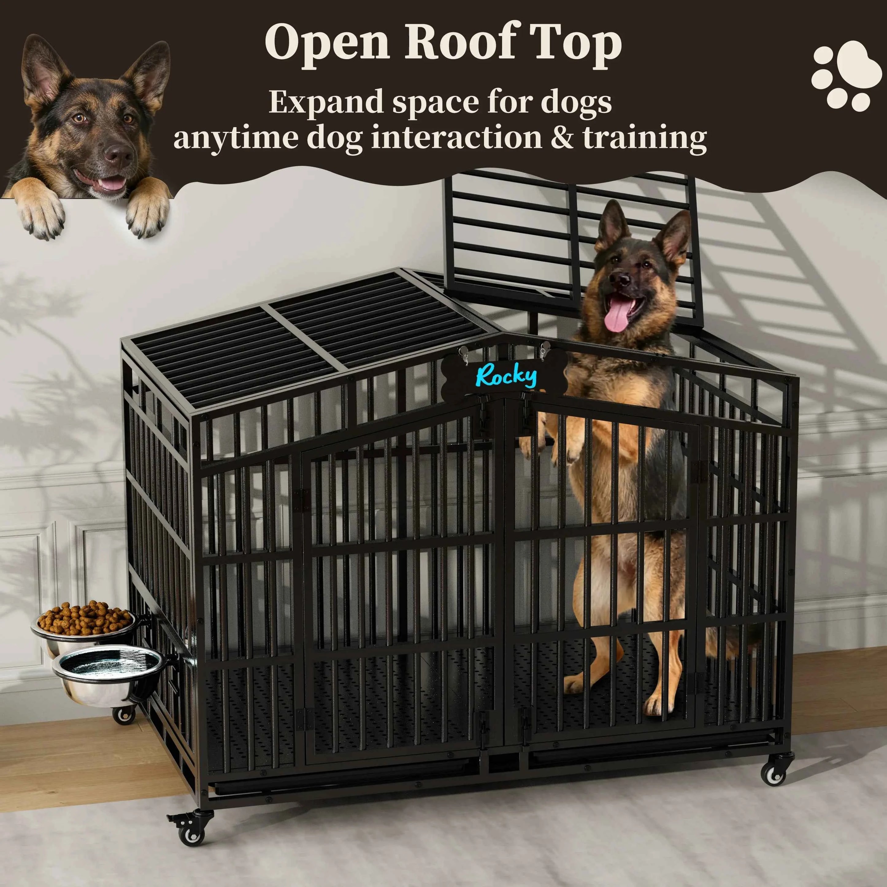 EasyCom Heavy Duty Metal Dog Crate with Bowls and Wheels