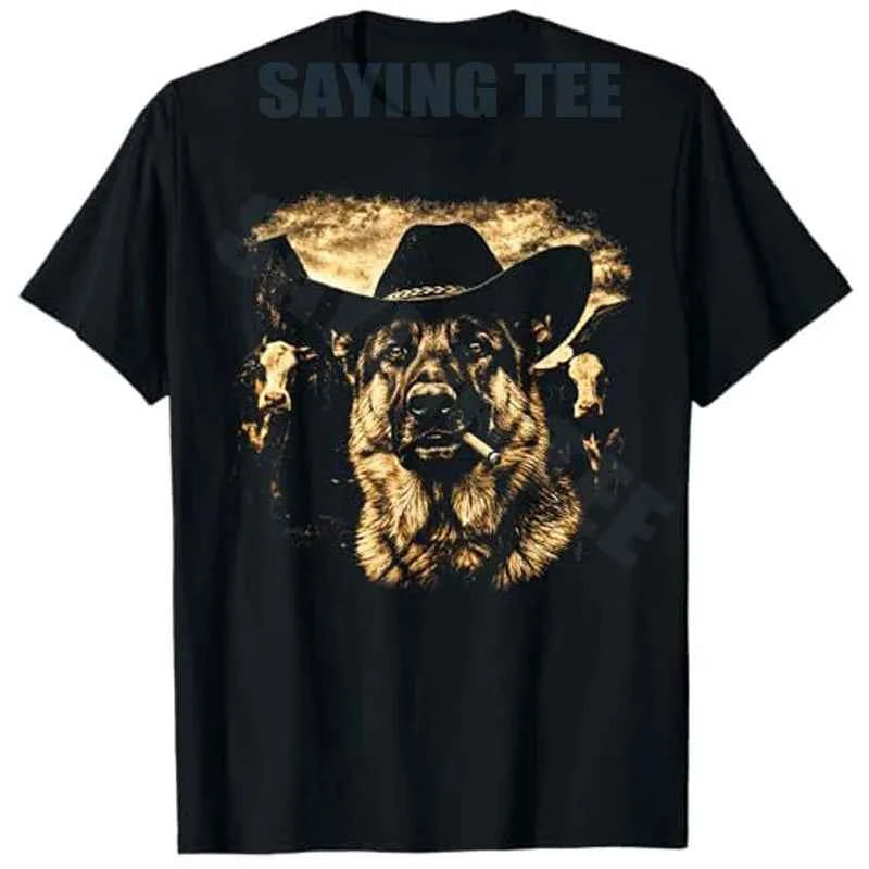 German Shepherd Western Graphic Cowboy Dog Smoking T-Shirt Ranch Farm Life Novelty Gift Men's Fashion Dog Dad Saying Tee Clothes