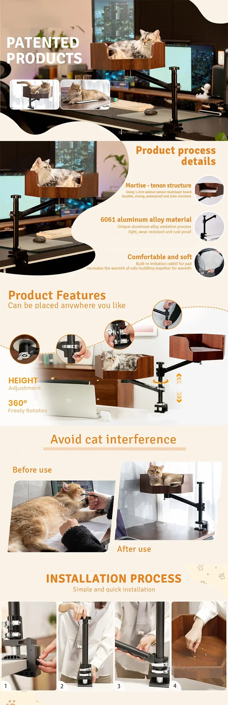 Height-Adjustable Wooden Cat Desk Bed - Metal Frame Safe Cat Rack, Top Choice for Cat Lovers