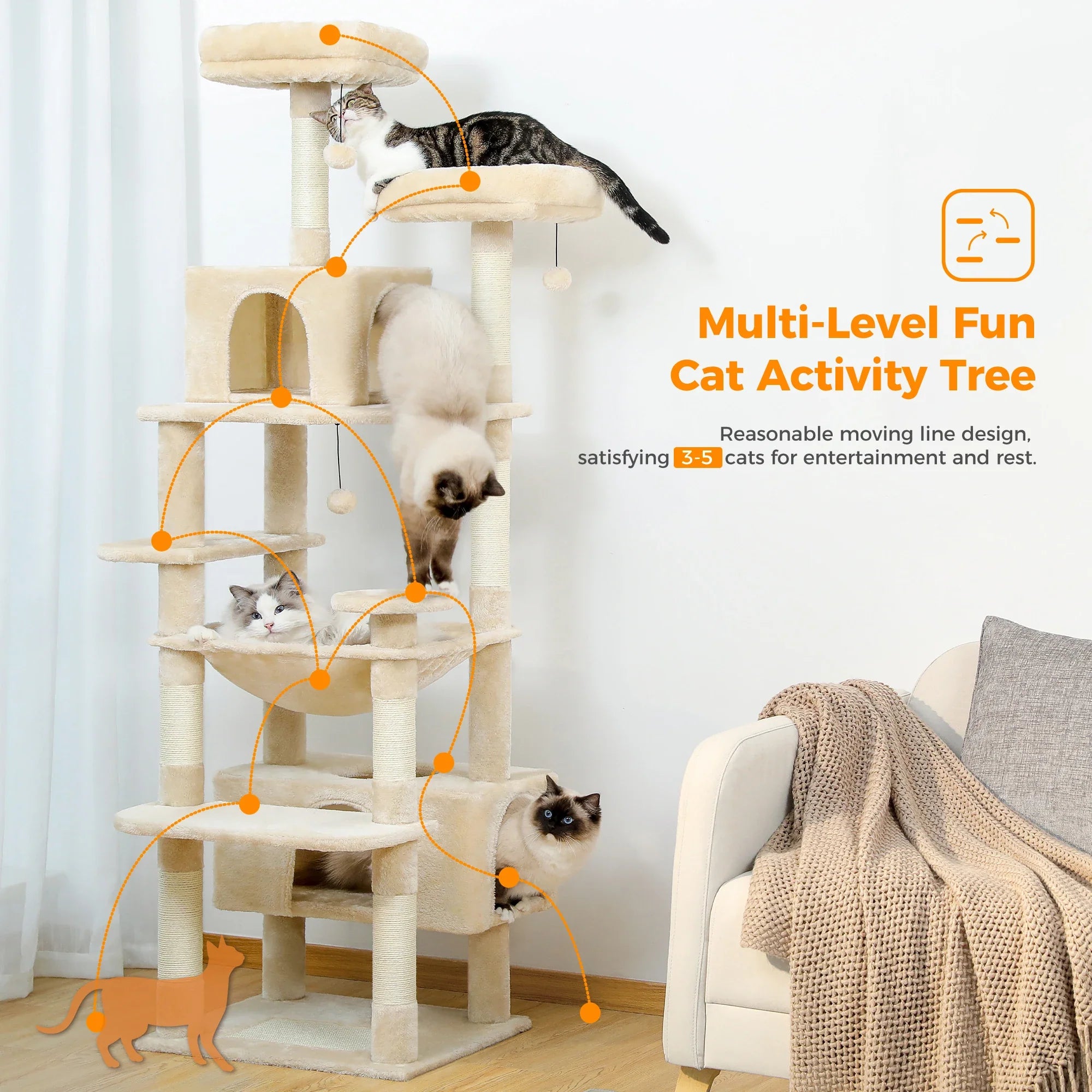 Pequlti 72" Multi-Level Cat Tree Tower with Condo & Hammock