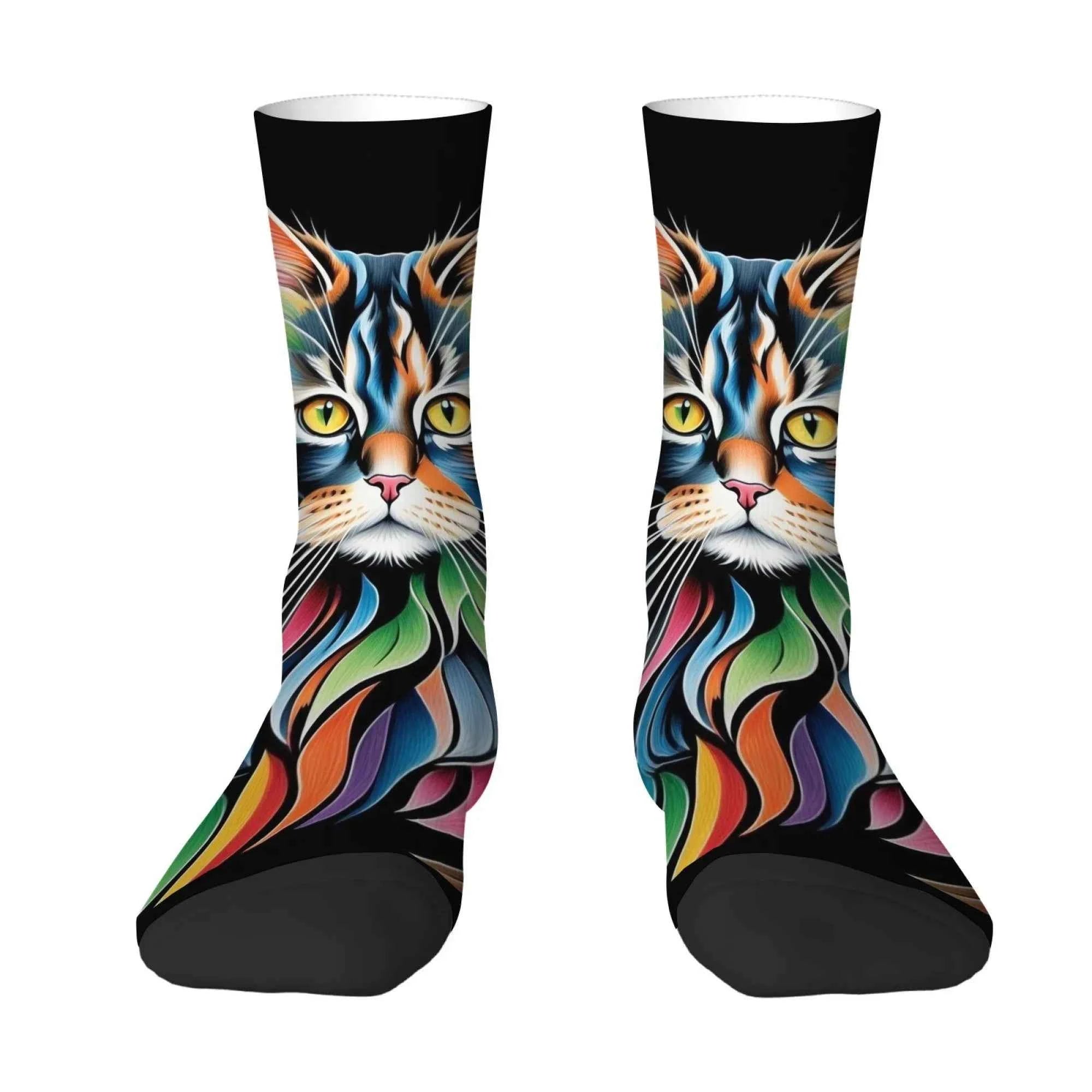 Rainbow Maine Coon Cat Themed Men's Mid-Calf Socks Non-Slip Skin-Friendly Soft Funny Stylish Streetwear Outdoor Skateboard Socks