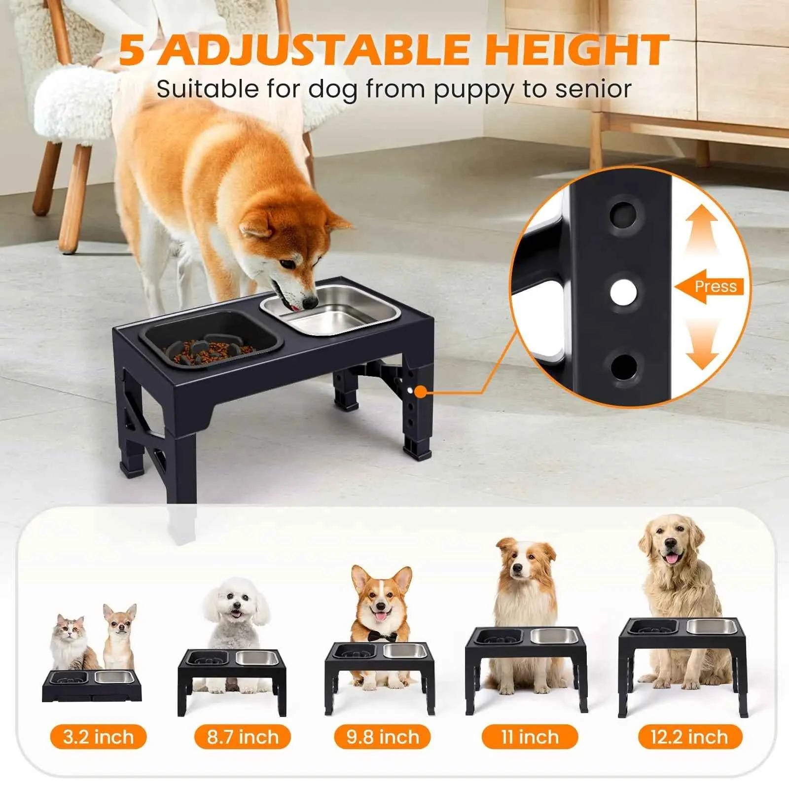 Elevated Slow Feeder Dog Bowls - 5 Heights Adjustable Stand