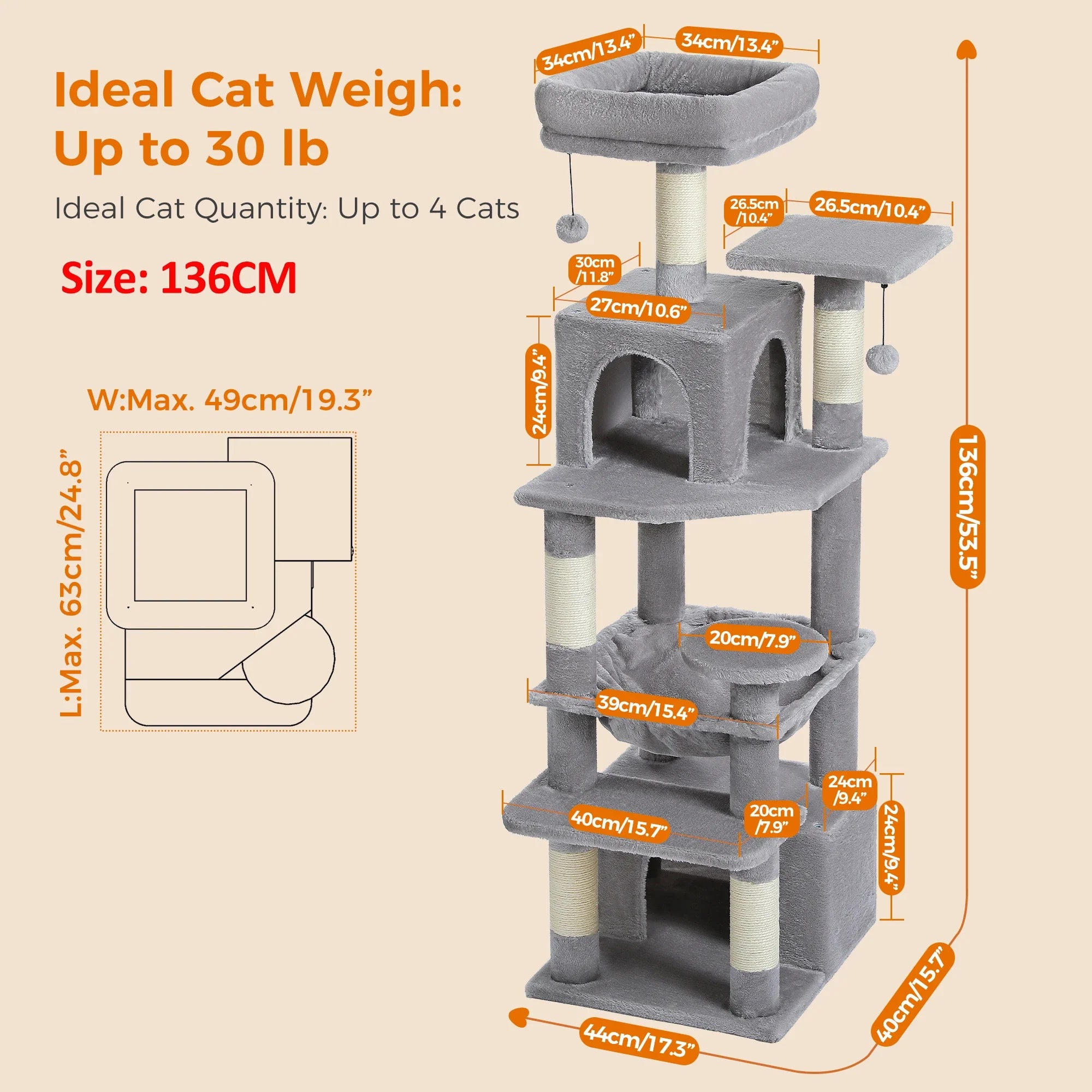 PAWZ Road Large Cat Tree Tower - 72" Multi-Level with Condo Grey