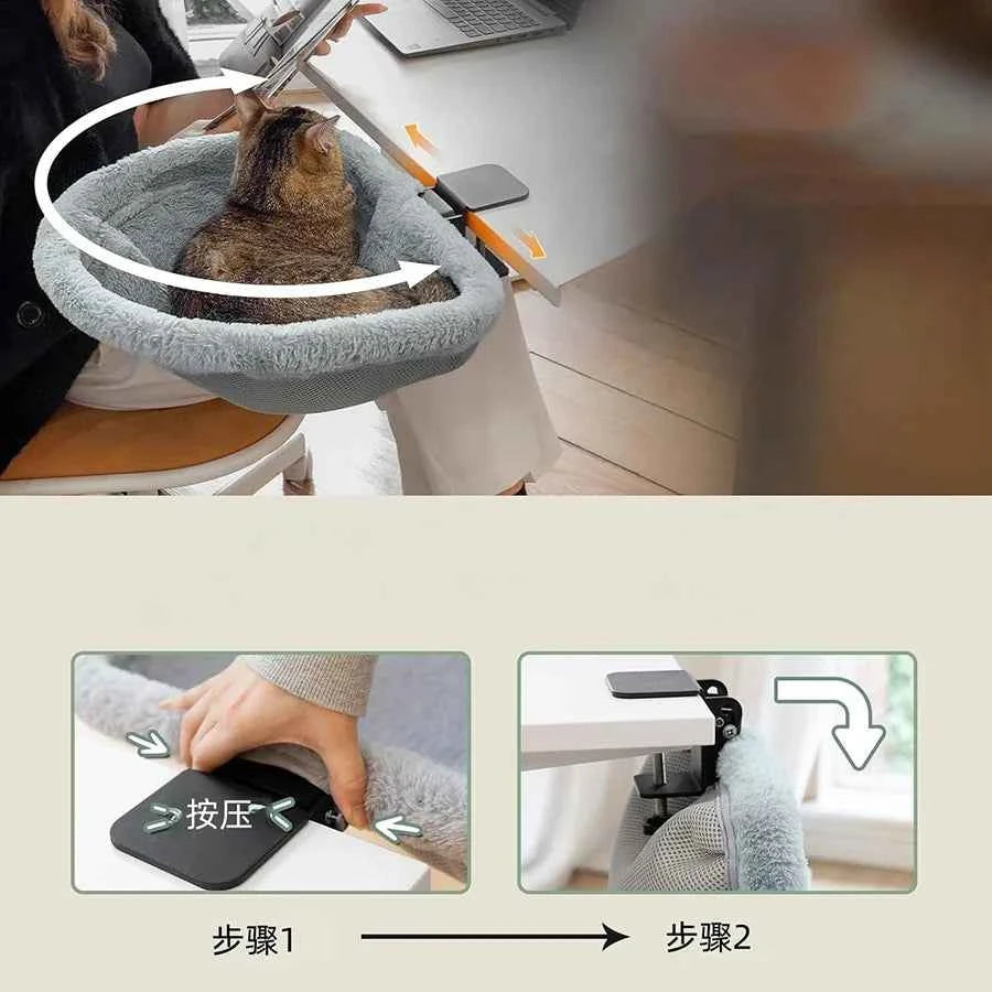 Cat Desk Bed One-Click Folding Sunken Design Space-Saving Semi-Circular Cat Desk Hammock Perch For Home Office Indoor Cats