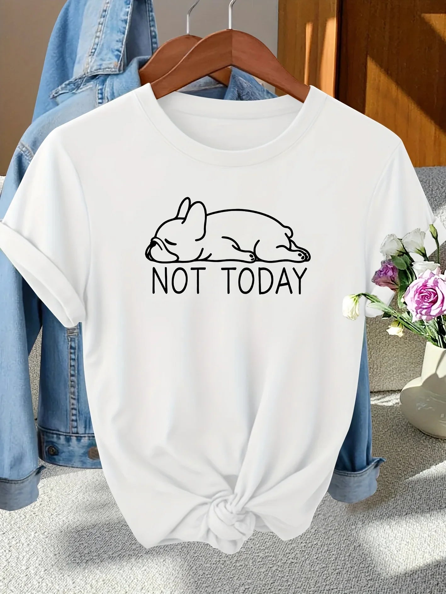 Not Today French Bulldog Women's Tee - Lazy Dog Graphic Casual Gray Top Women Clothes