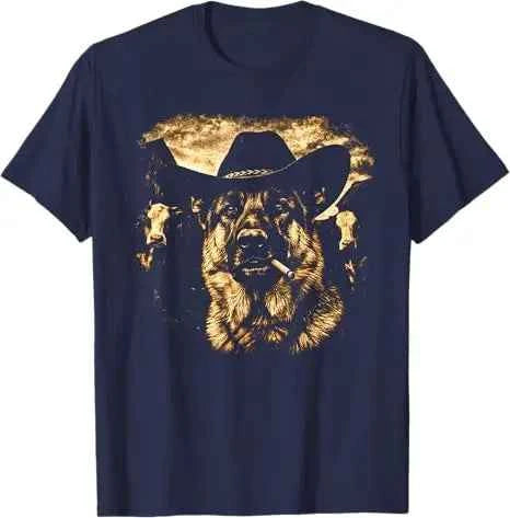 German Shepherd Western Graphic Cowboy Dog Smoking T-Shirt Ranch Farm Life Novelty Gift Men's Fashion Dog Dad Saying Tee Clothes